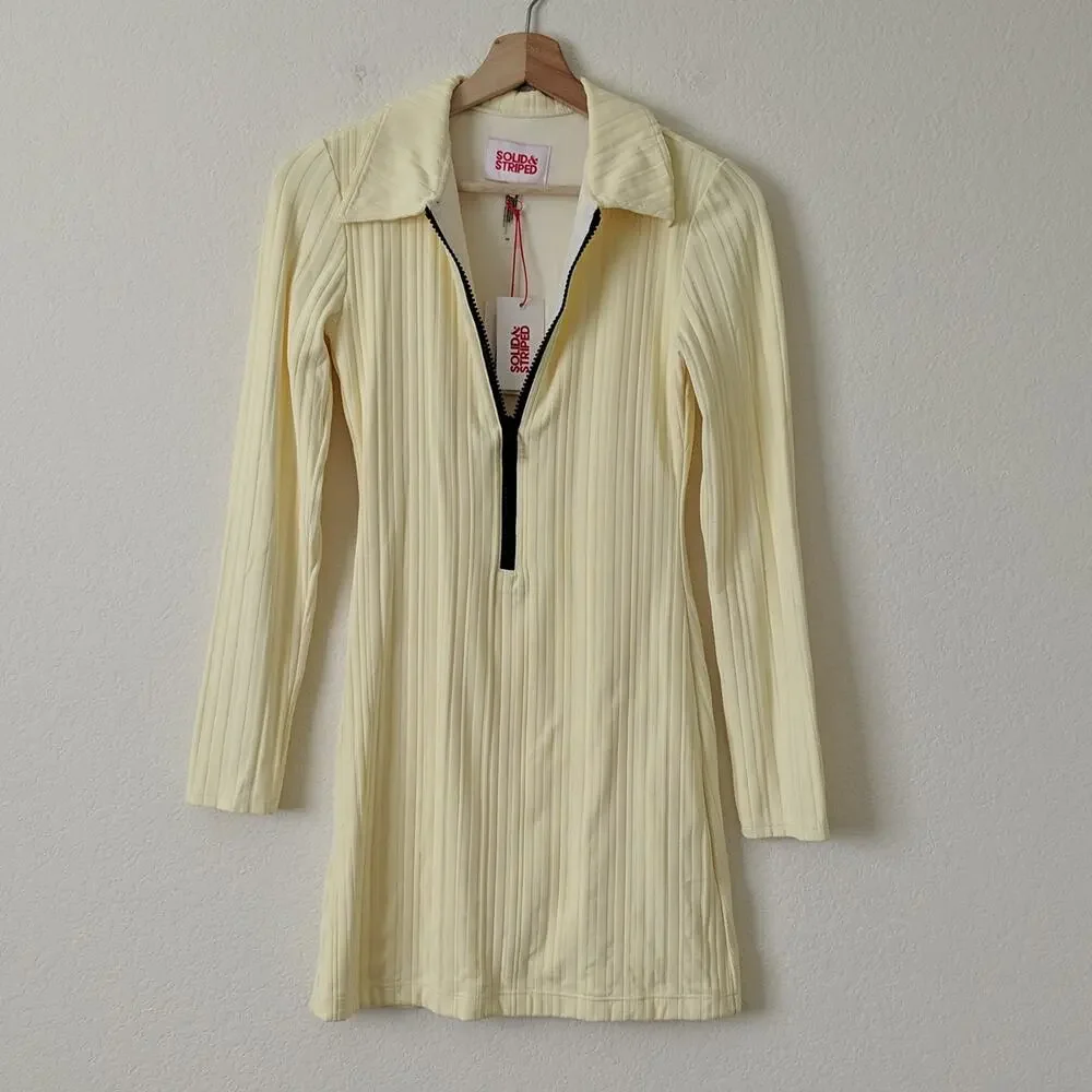 Solid & Striped Long Sleeve Ribbed Polo Zip Up Dress Mini In Blonde Rib NEW $198